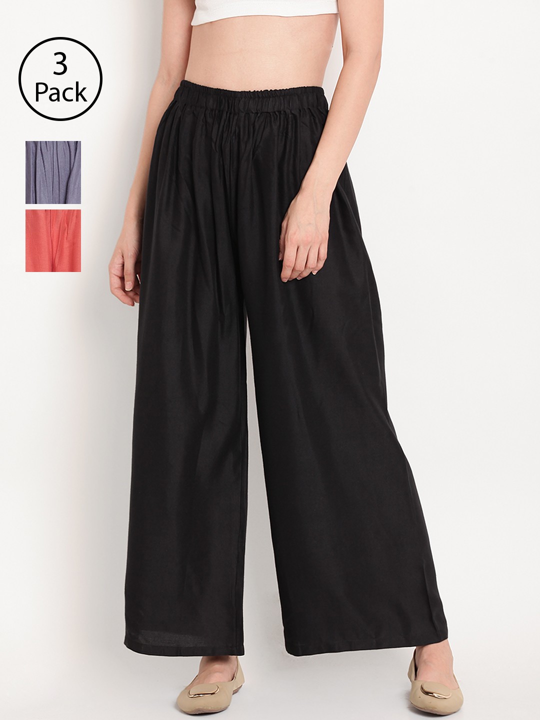 

TAG 7 Women Pack Of 3 Solid Wide Leg Palazzos, Black