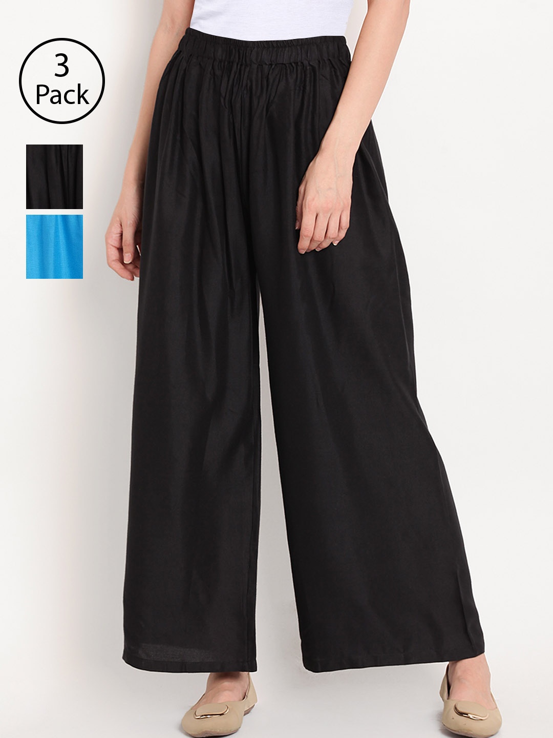 

TAG 7 Women Pack of 3 Solid Wide Leg Palazzos, Black
