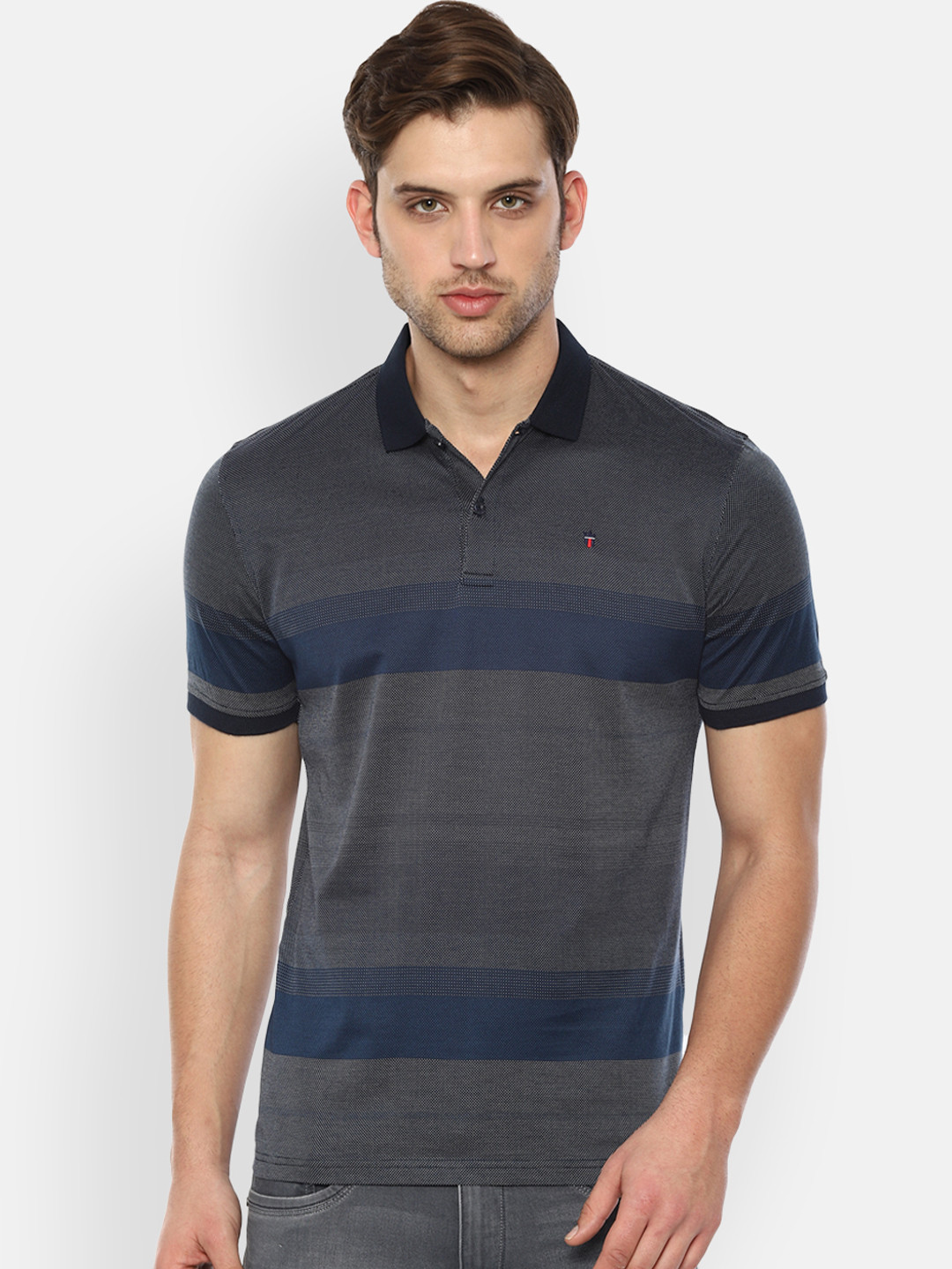 

Louis Philippe Sport Men Grey Blue Striped Polo Collar Pure Cotton T-shirt