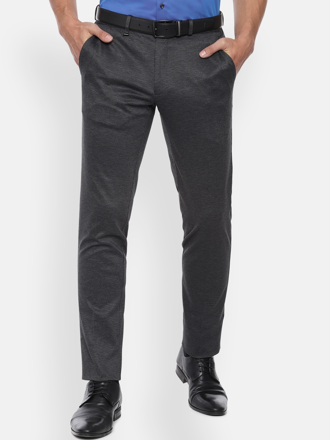 Van Heusen Men Grey Slim Fit Checked Formal Trousers