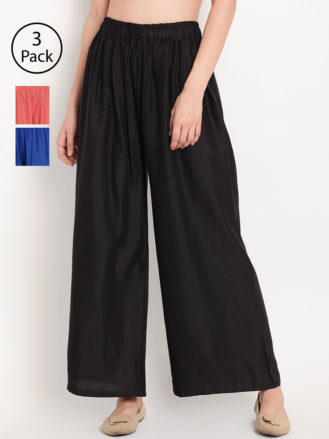 

TAG 7 Women Pack Of 3 Solid Wide Leg Palazzos, Black