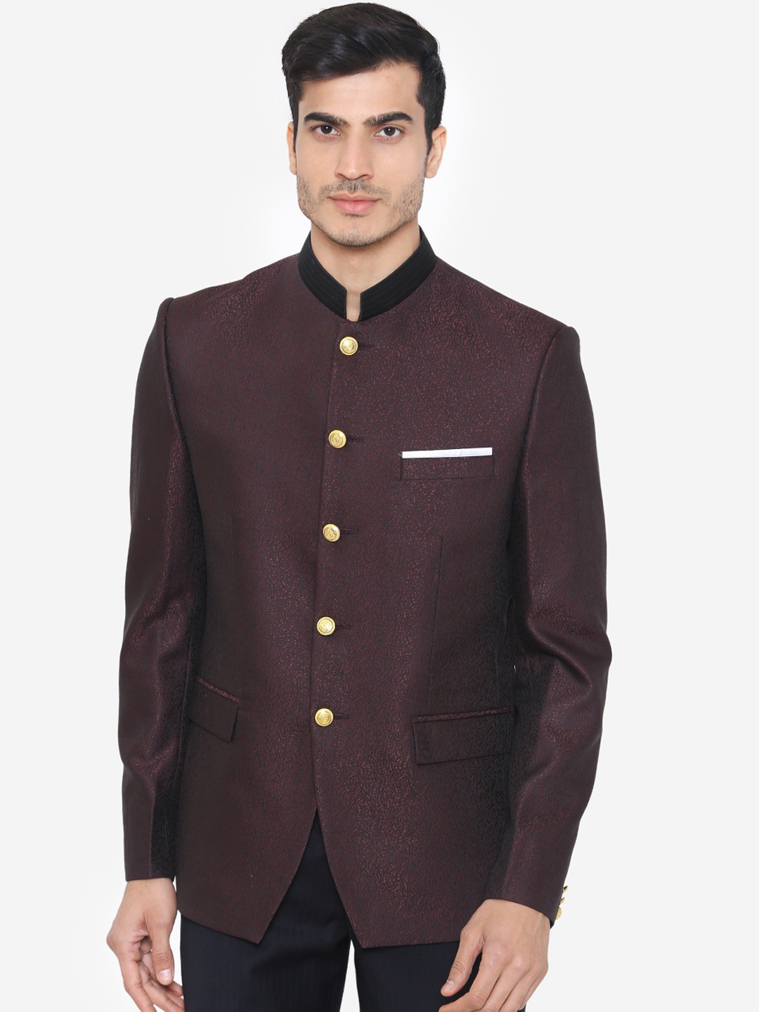 

Wintage Men Burgundy Self-Design Tailored-Fit Bandhgala Blazer