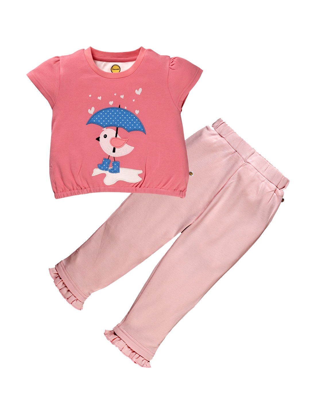 Pranava Girls Pink & Off-White Self-Design Organic Cotton T-shirt with Pyjamas
