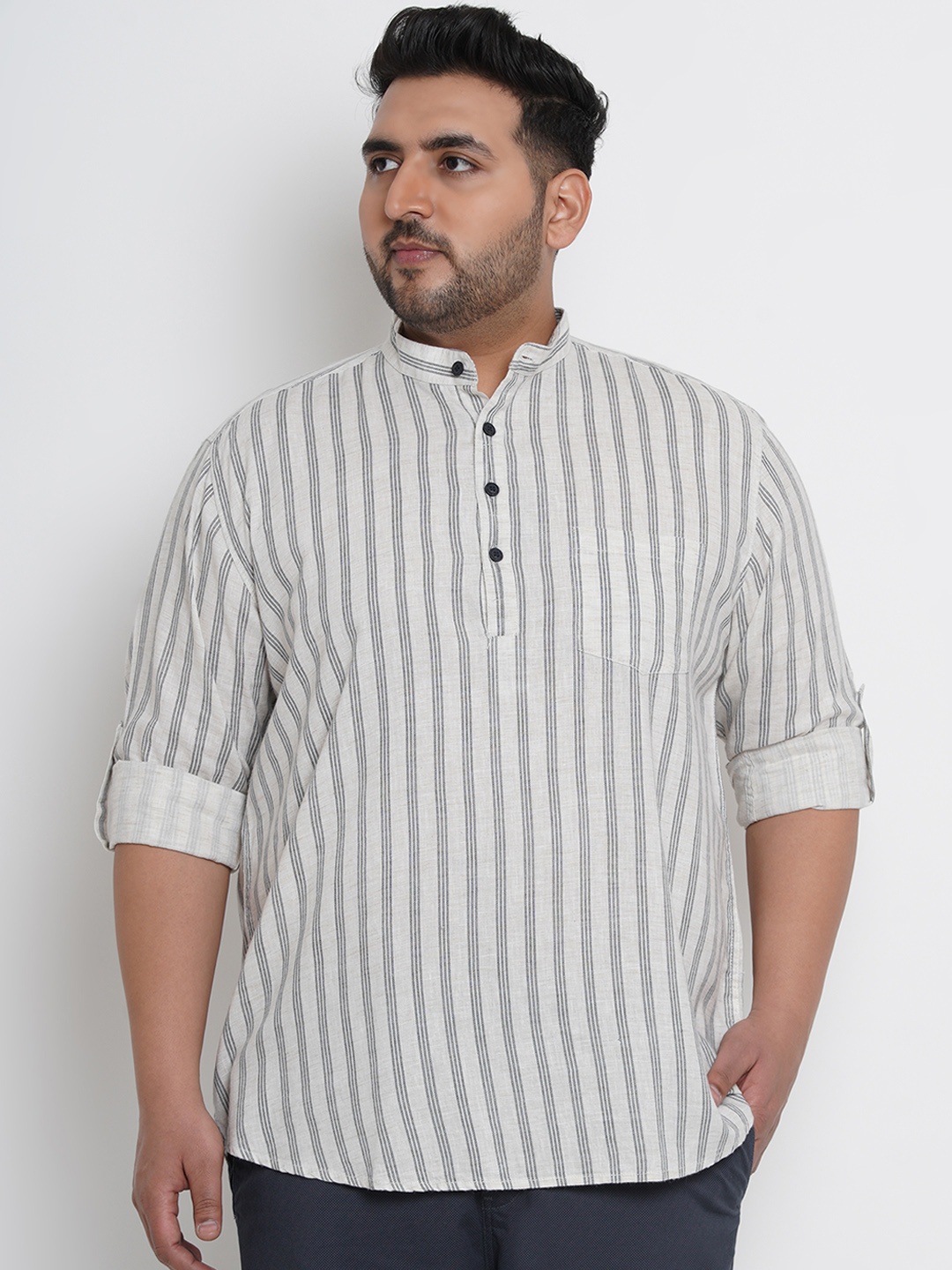 

John Pride Plus Size Men White Navy Blue Regular Fit Striped Casual Shirt