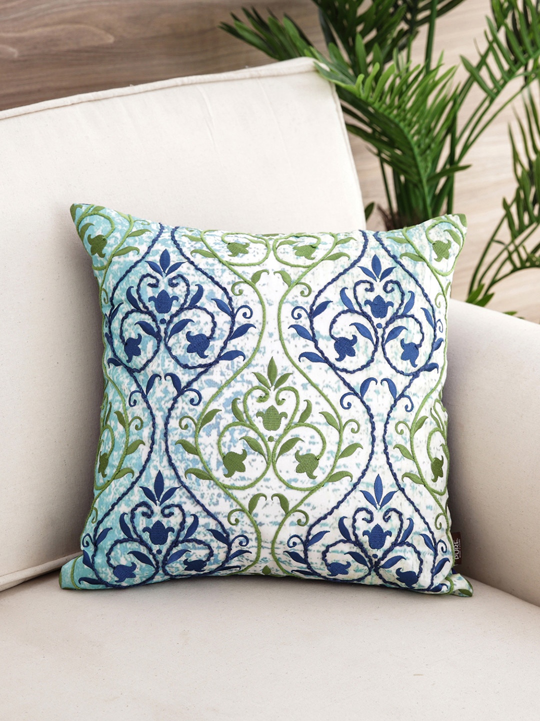 

Pure Home and Living White & Blue Single Embroidered Square Cushion Covers