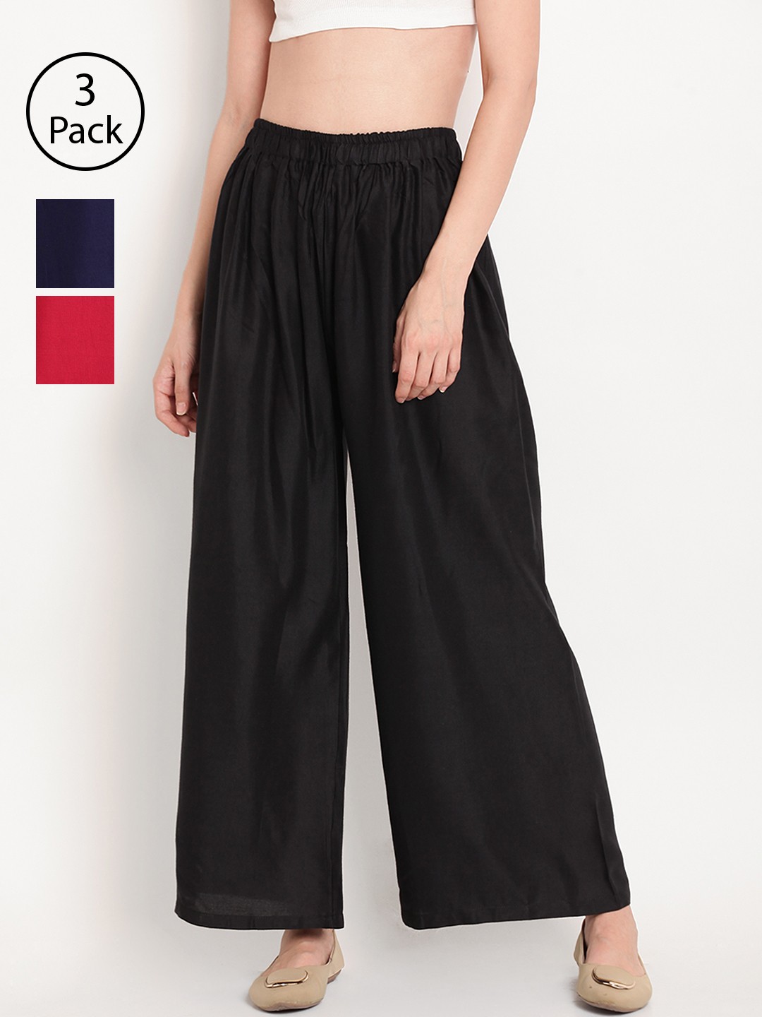 

TAG 7 Women Pack of 3 Solid Wide Leg Palazzos, Black
