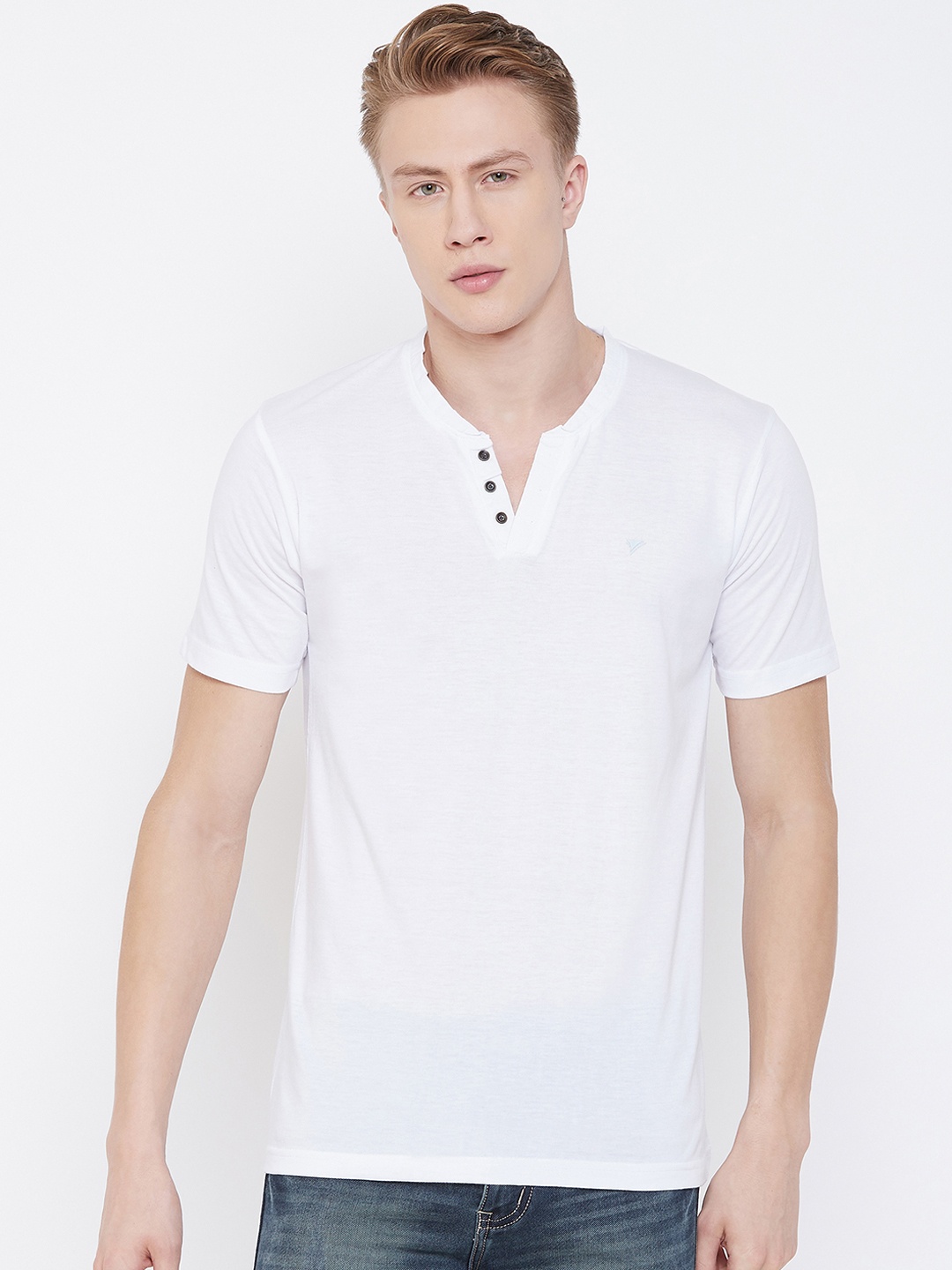 

NEVA Men White Solid Mandarin Collar T-shirt
