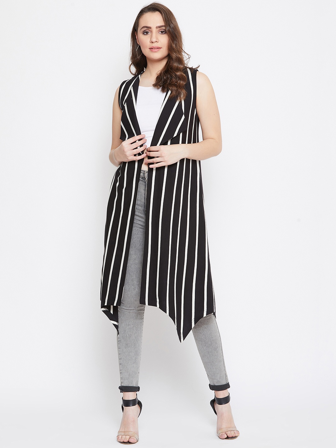 

Hypernation Women Black & Off-White Striped Open Front Shrug