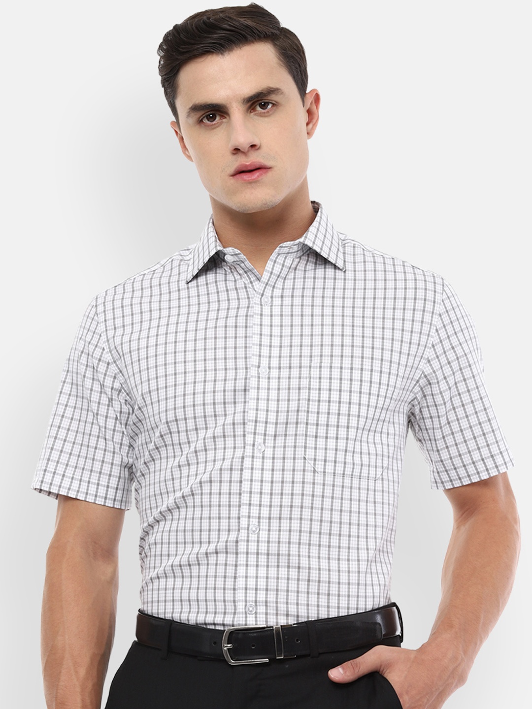 Louis Philippe Men White & Grey Regular Fit Checked Formal Shirt