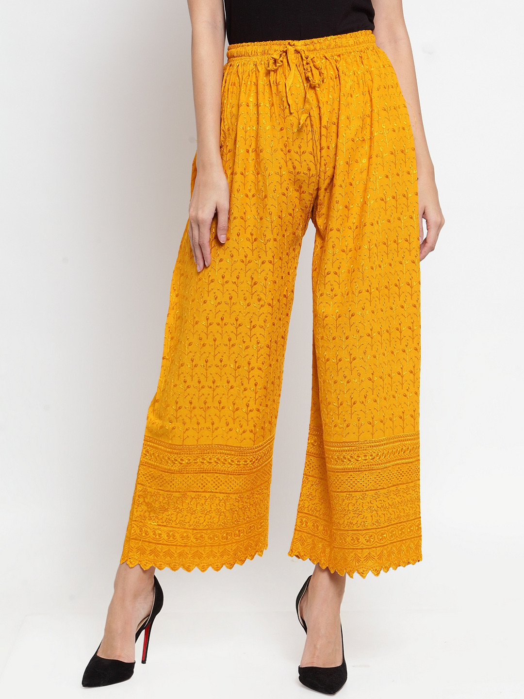 

Clora Creation Women Yellow Embroidered Chikankari Straight Palazzos