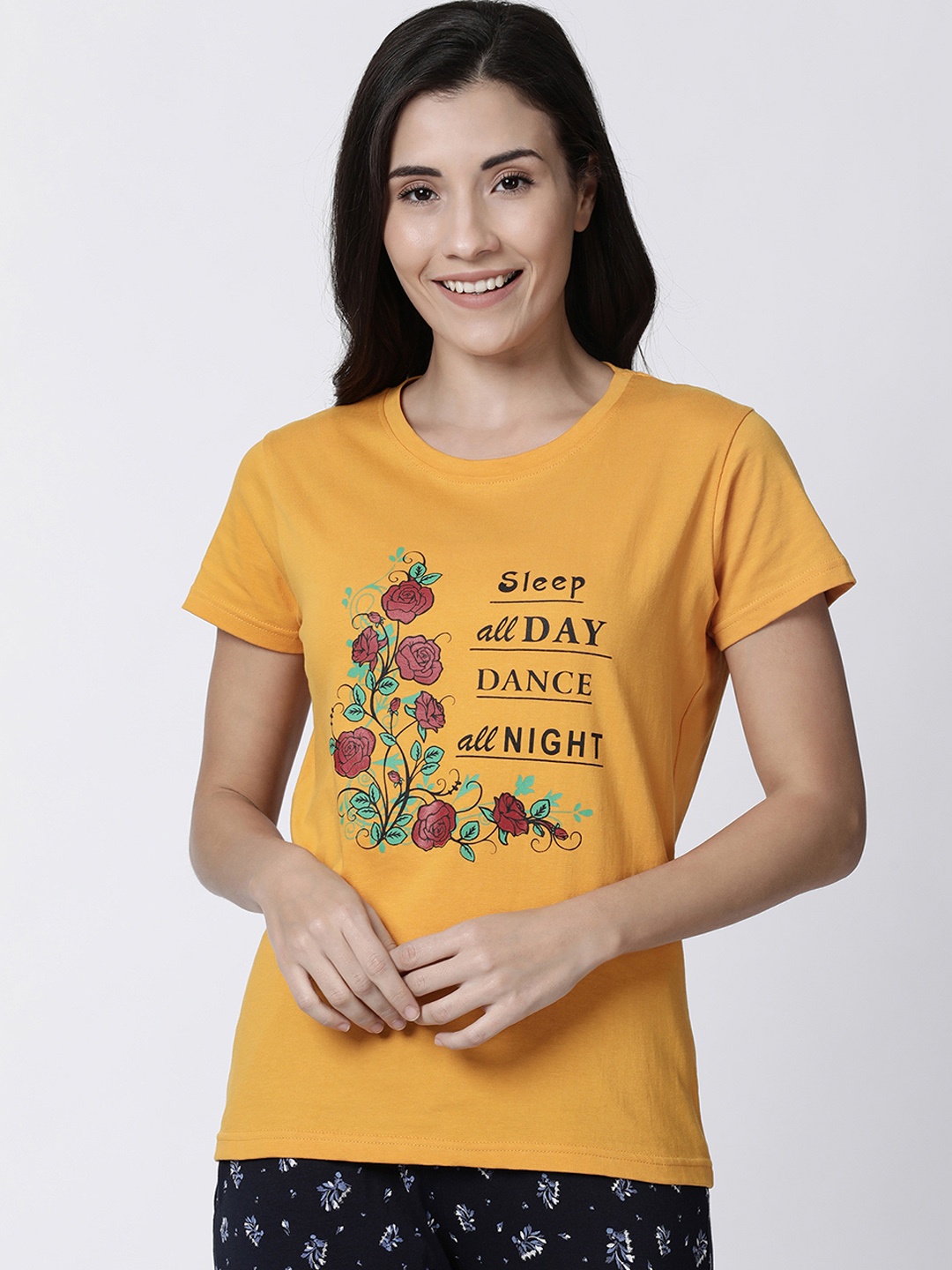 

Kryptic Women Yellow Printed Pure Cotton Lounge T-shirt