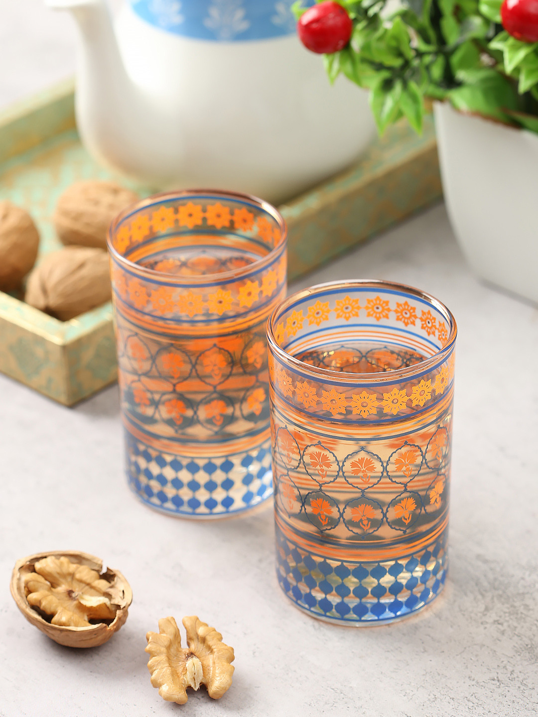 

India Circus by Krsnaa Mehta Set Of 2 Blue & Orange Printed Glass Tumblers 200 ml
