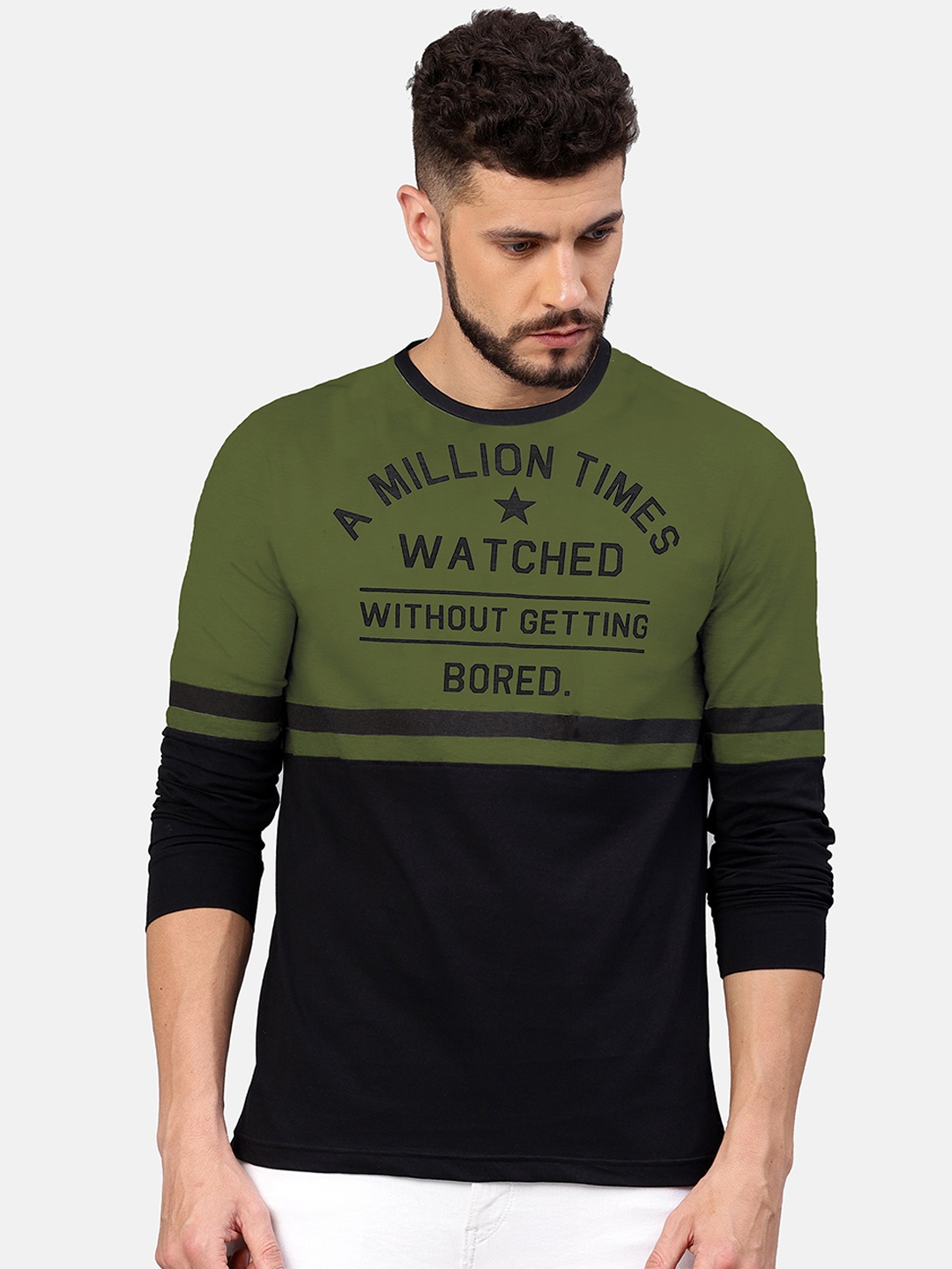 

Maniac Men Olive Green Black Colourblocked Round Neck Pure Cotton T-shirt