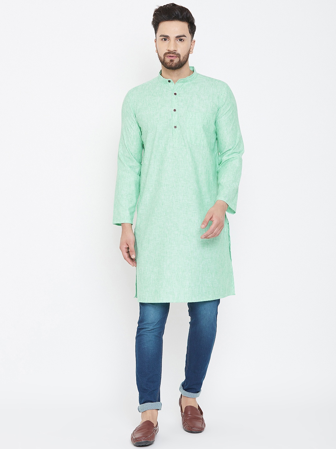 

even Men Green Solid Linen Straight Kurta