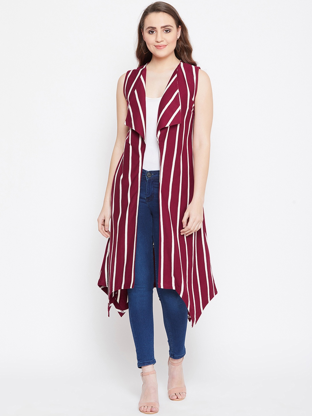 

Hypernation Women Maroon & White Striped Open Front Shrug