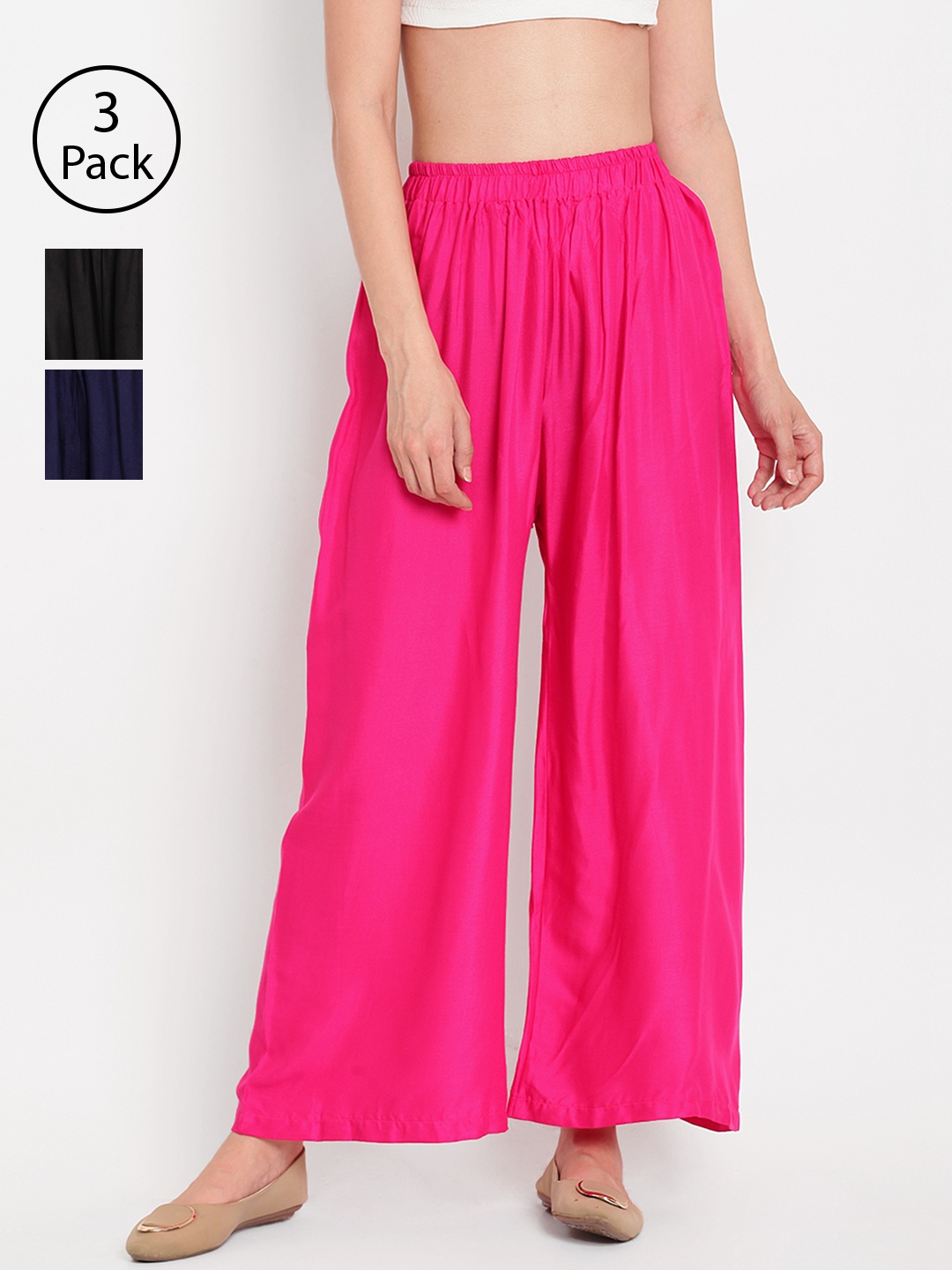 

TAG 7 Women Pack Of 3 Solid Wide Leg Palazzos, Black