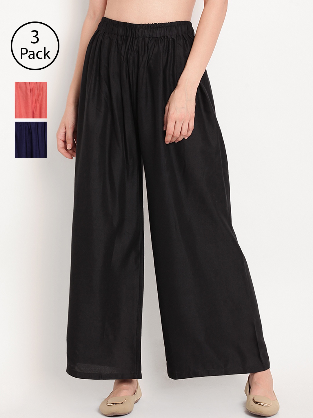 

TAG 7 Women Pack of 3 Solid Wide Leg Palazzos, Black