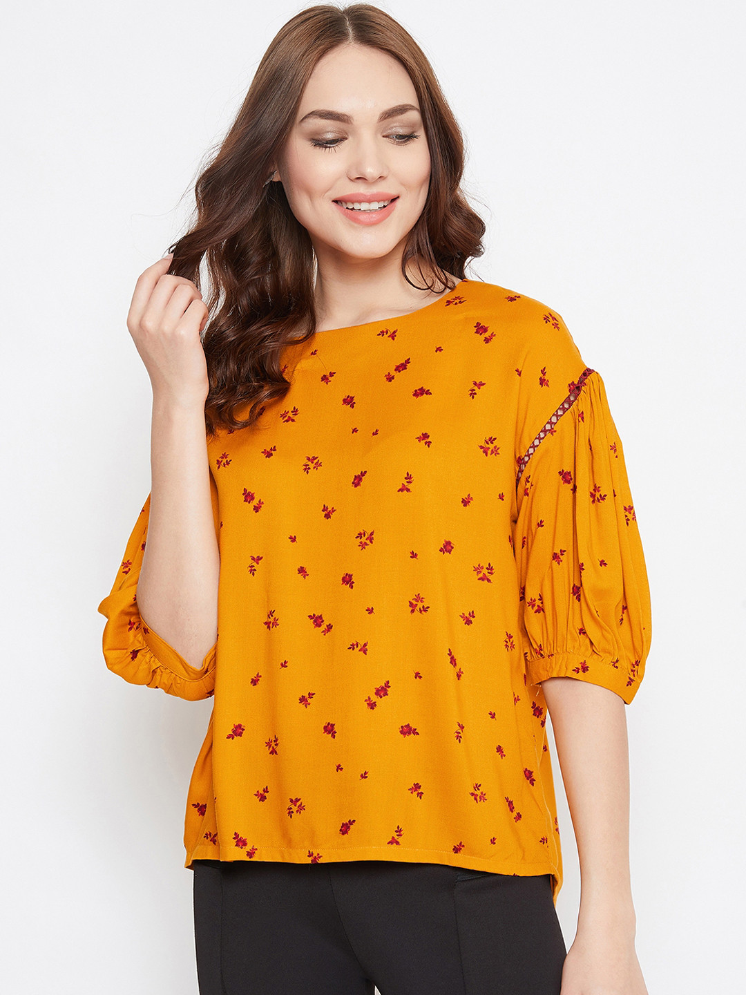 

The Kaftan Company Women Mustard Yellow & Red Printed High-Low Top