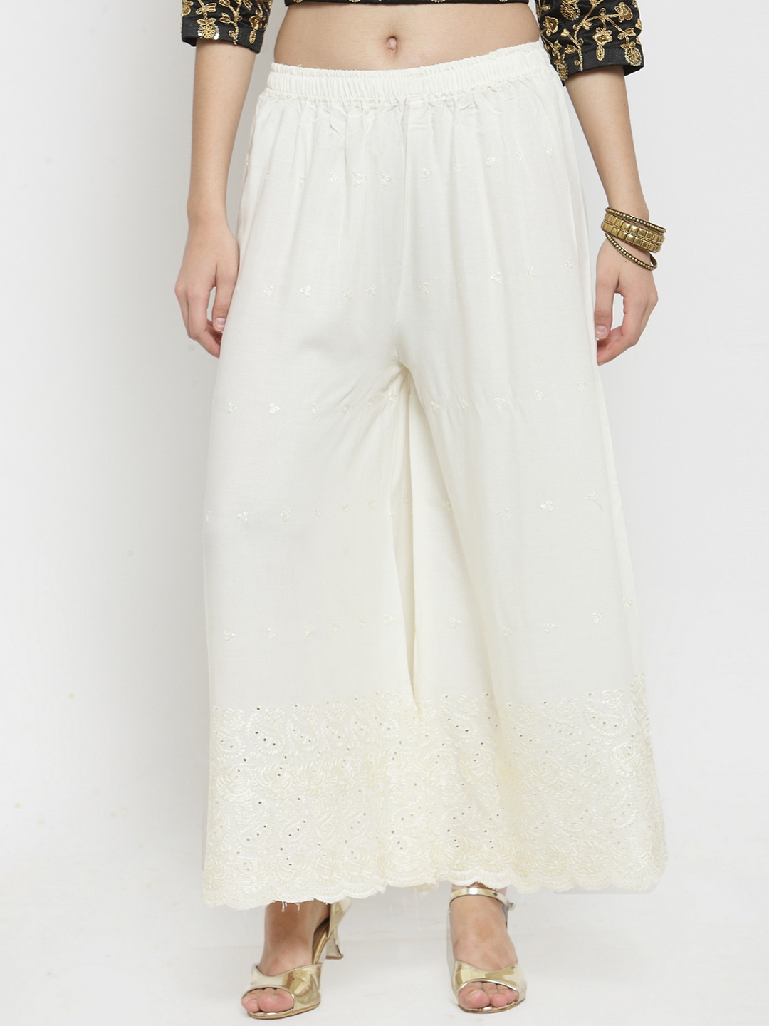 

Clora Creation Women Off-White Embroidered Chikankari Wide Leg Palazzos