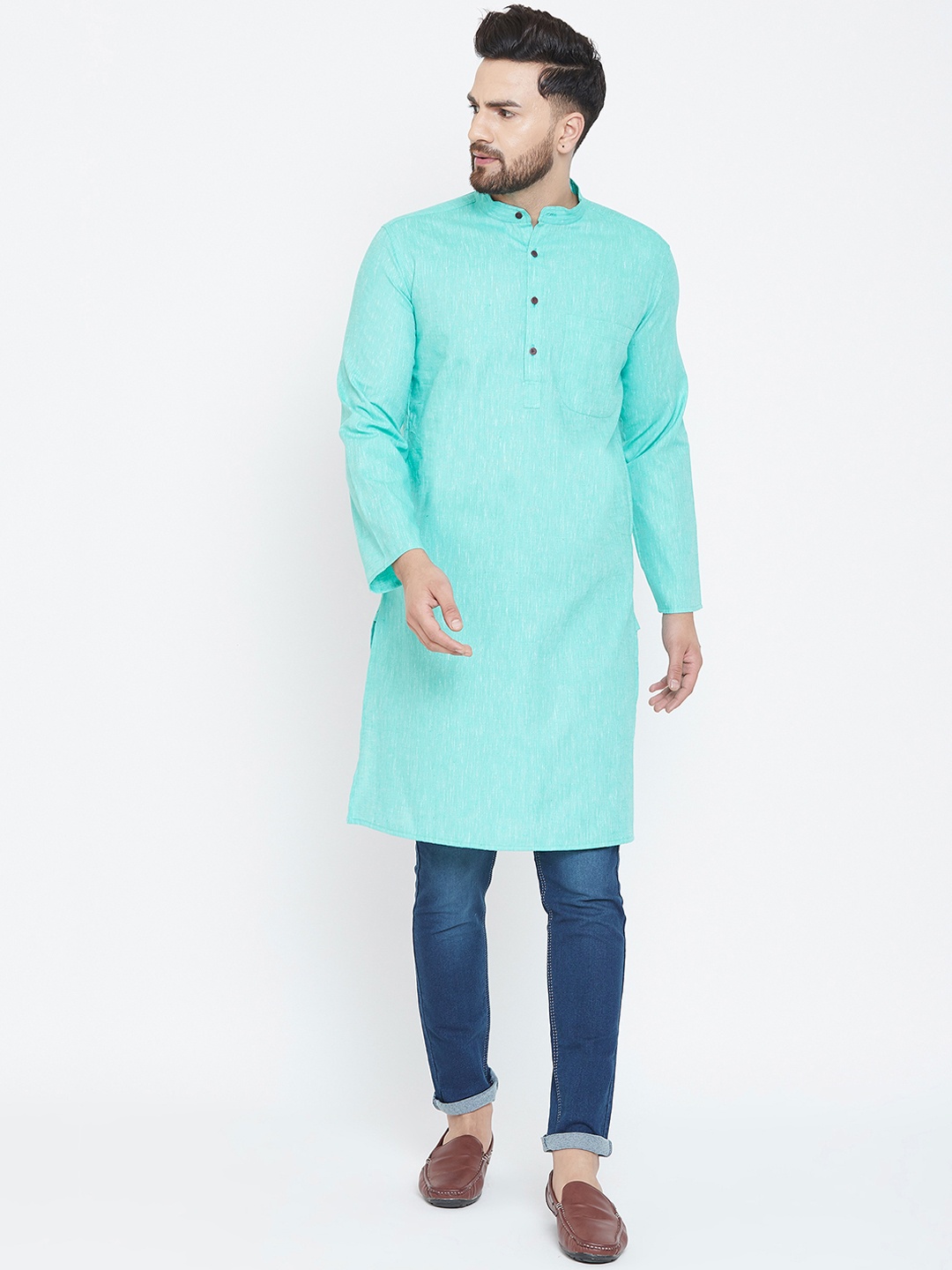 even Men Turquoise Blue Solid Linen Straight Kurta