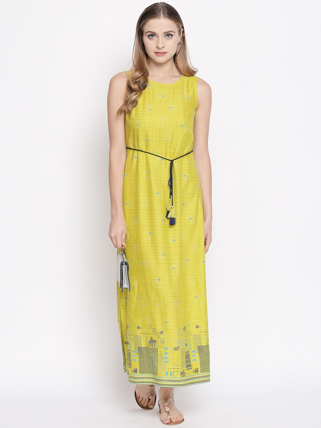 

AKKRITI BY PANTALOONS Women Lime Green Checked Fit and Flare Dress