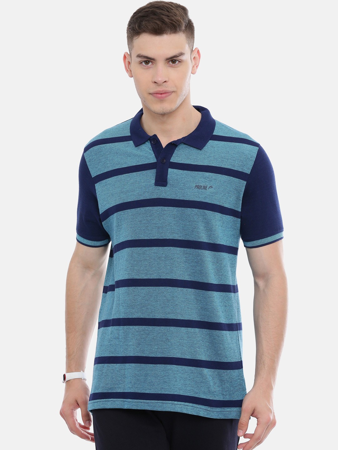 

Proline Active Men Blue Striped Polo Collar Pure Cotton T-shirt