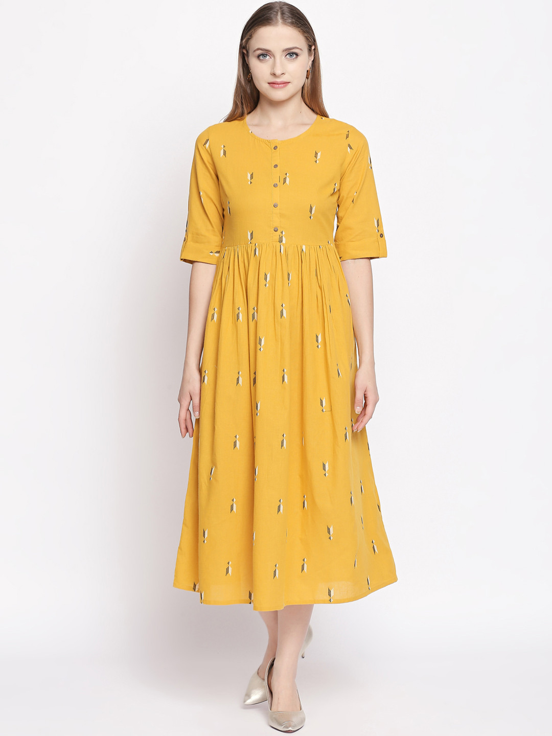 

AKKRITI BY PANTALOONS Women Mustard Yellow Printed Fit and Flare Dress