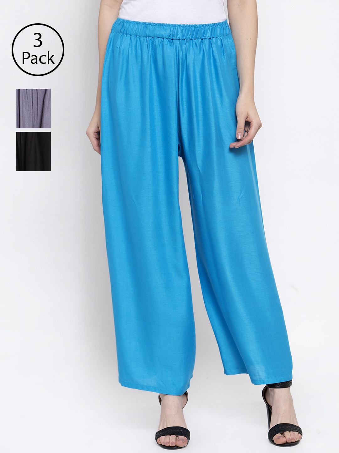 

TAG 7 Women Pack of 3 Solid Wide Leg Palazzos, Black