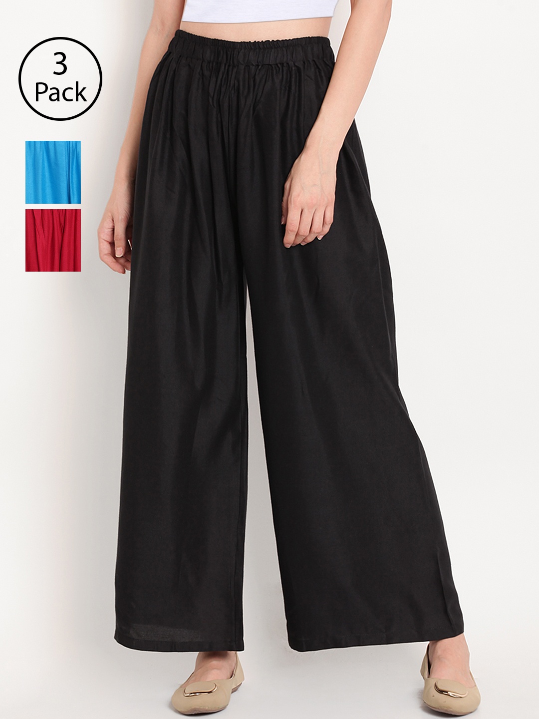 

TAG 7 Women Pack of 3 Solid Wide Leg Palazzos, Black