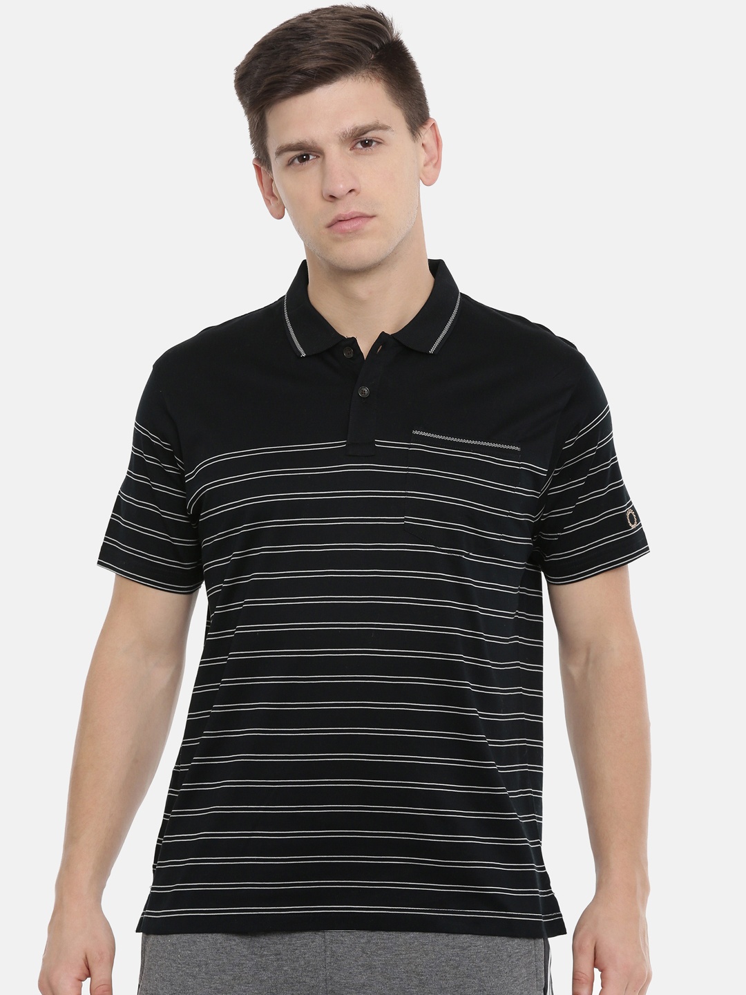 

Proline Active Men Black Striped Polo Collar Pure Cotton T-shirt