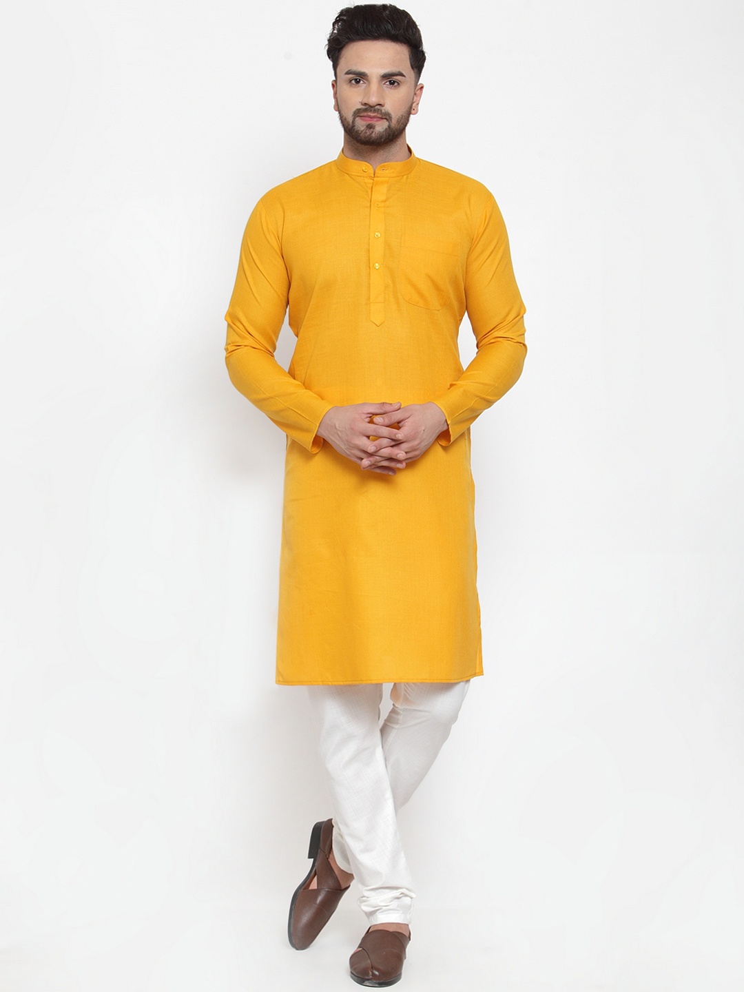 Jompers Men Mustard Yellow & White Solid Kurta with Churidar