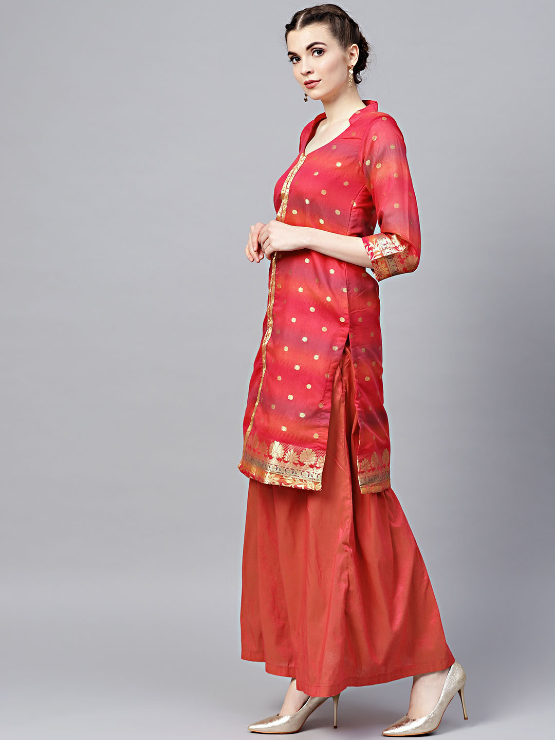 

Chhabra 555 Orange & Red Art Silk Unstitched Dress Material