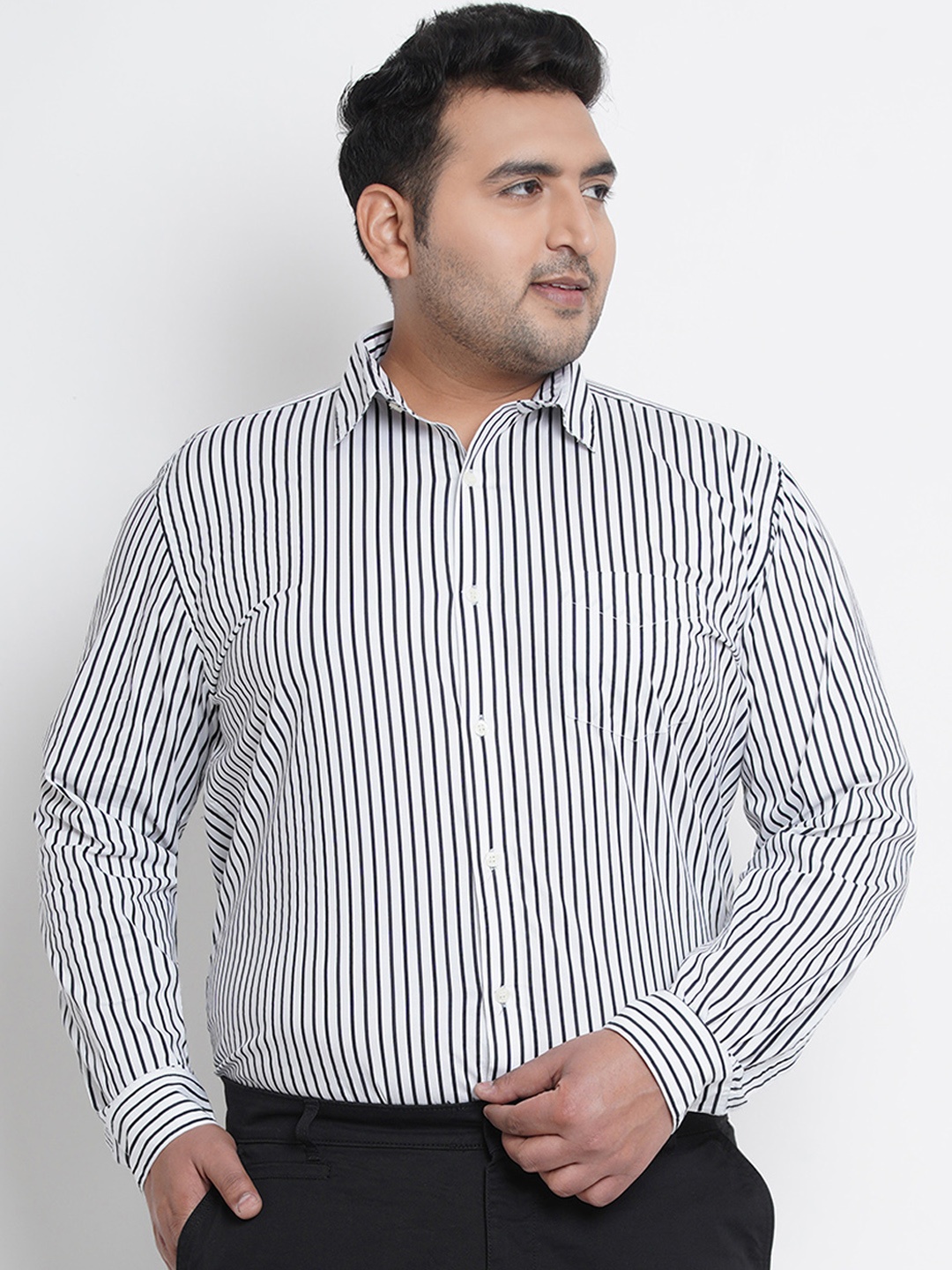 

John Pride Plus Size Men White Black Regular Fit Striped Formal Shirt