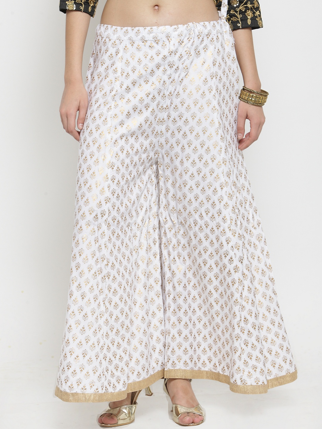 

Clora Creation Women White & Gold-Coloured Printed Flared Palazzos