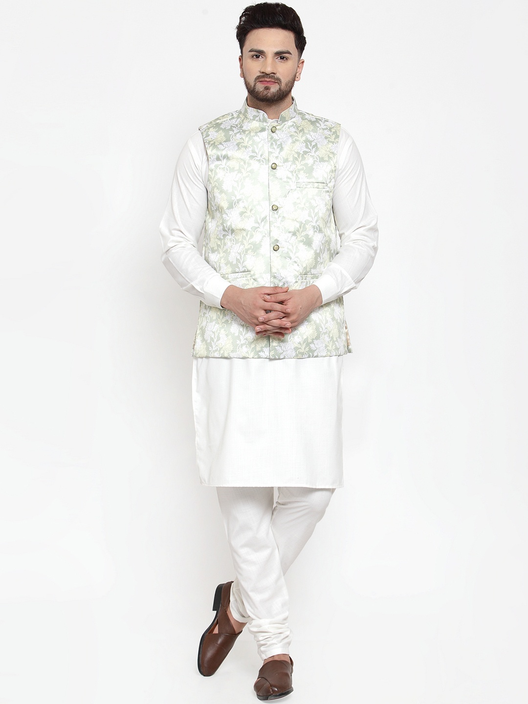 

Jompers Men Lime Green & White Printed Kurta & Churidar with Nehru Jacket