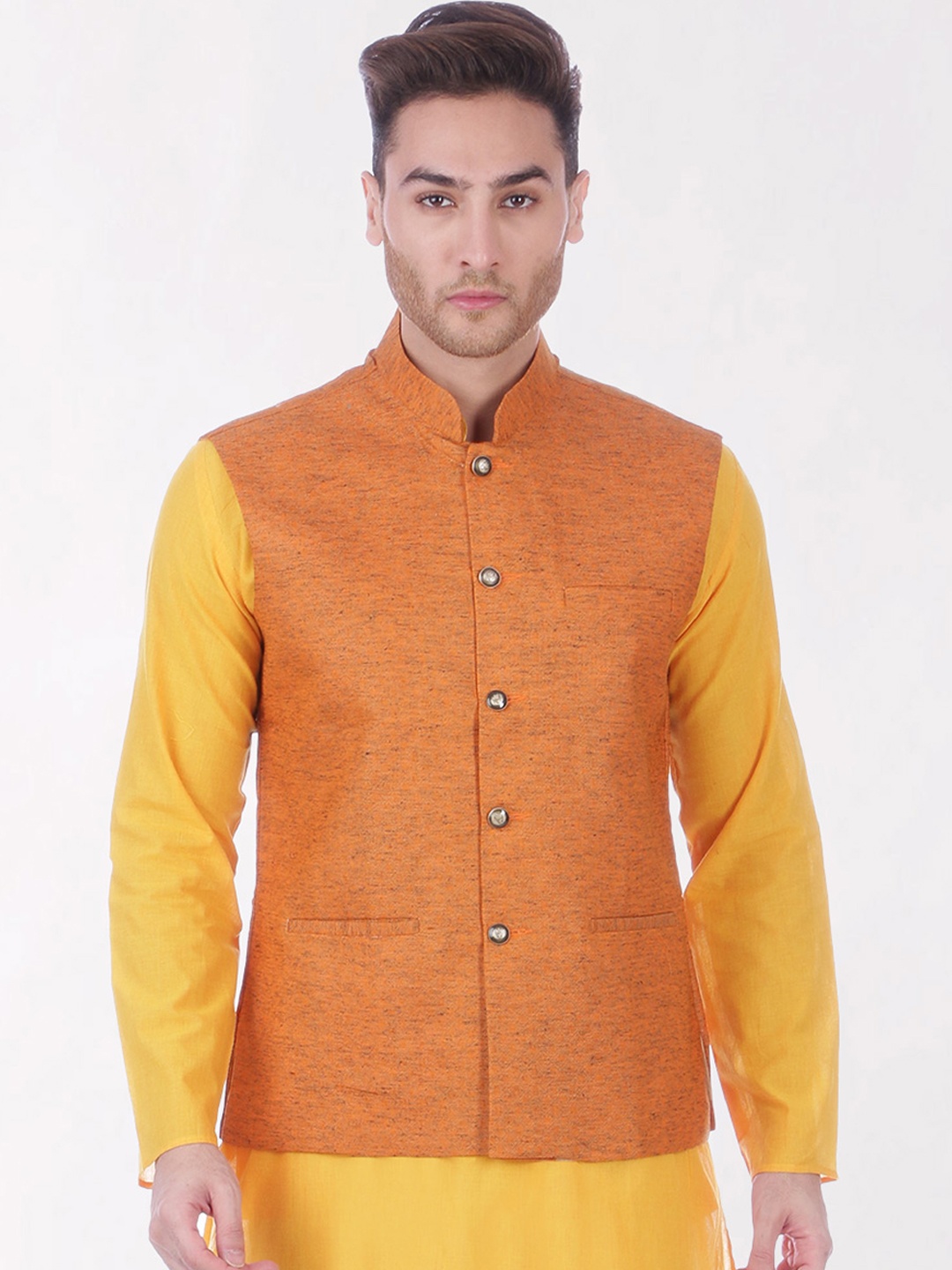 

RAJUBHAI HARGOVINDAS Men Orange Solid Slim-Fit Nehru Jacket