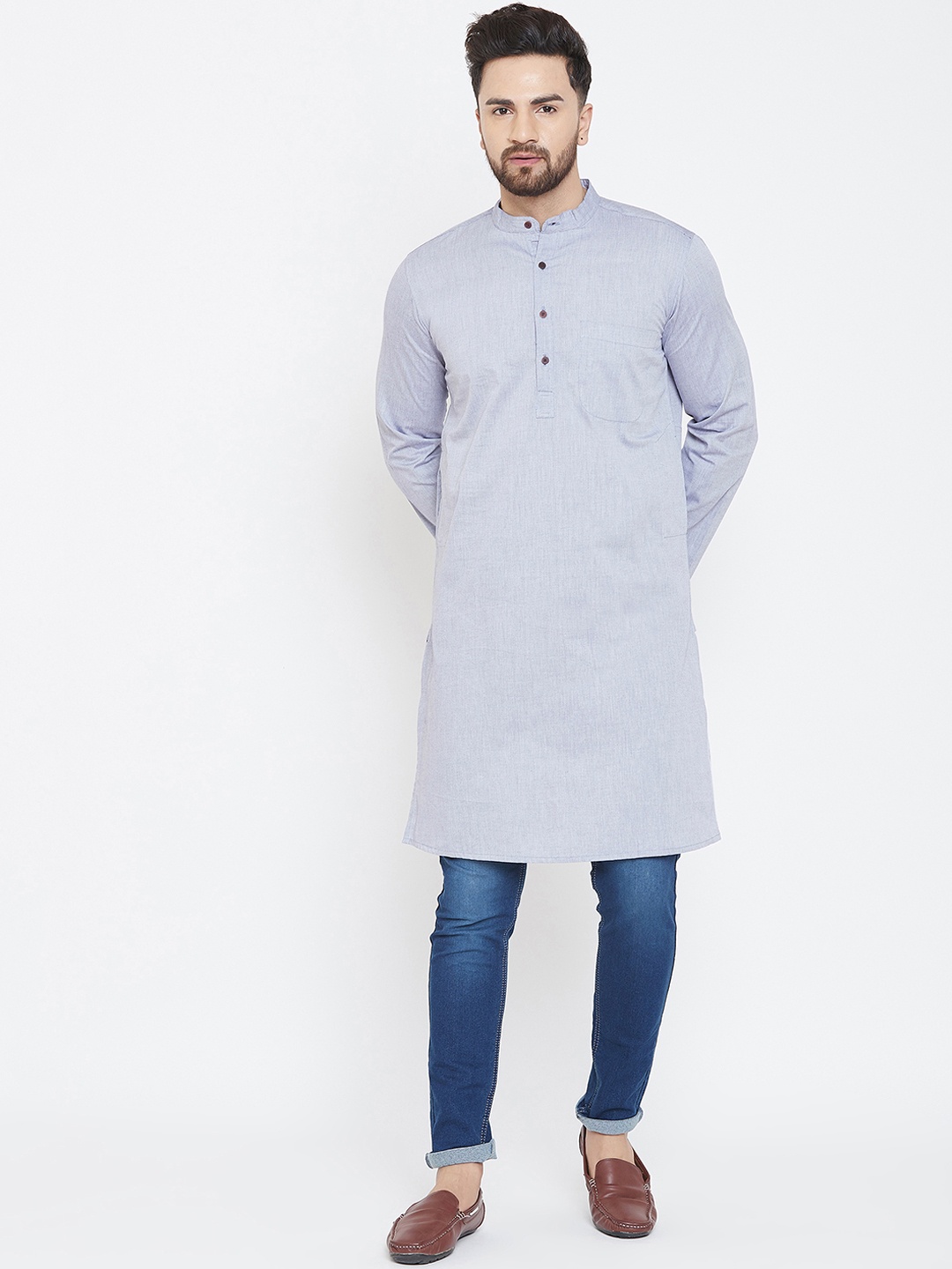 even Men Grey Solid Straight Kurta