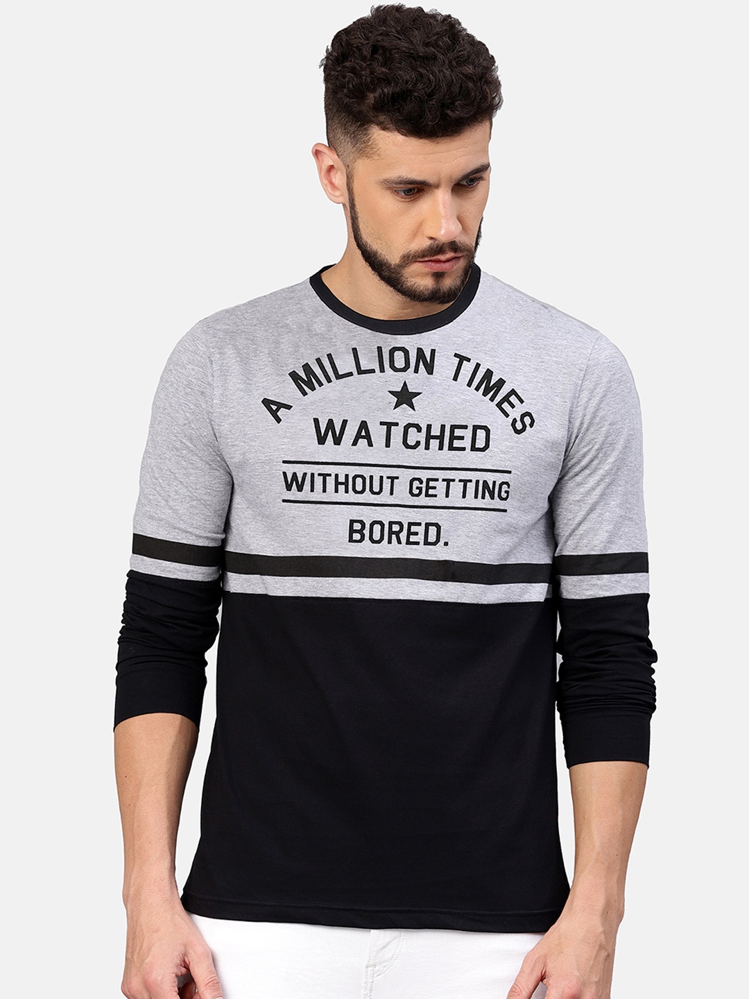 

Maniac Men Grey Black Colourblocked Round Neck Pure Cotton T-shirt