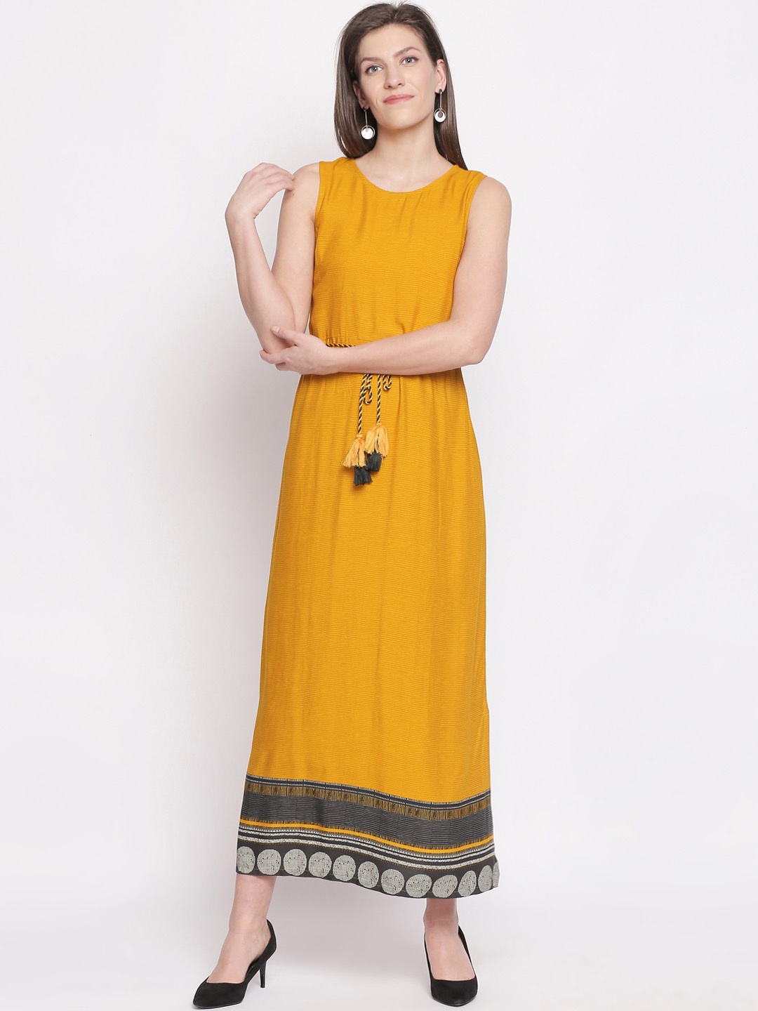

AKKRITI BY PANTALOONS Women Mustard Yellow Solid Fit and Flare Dress