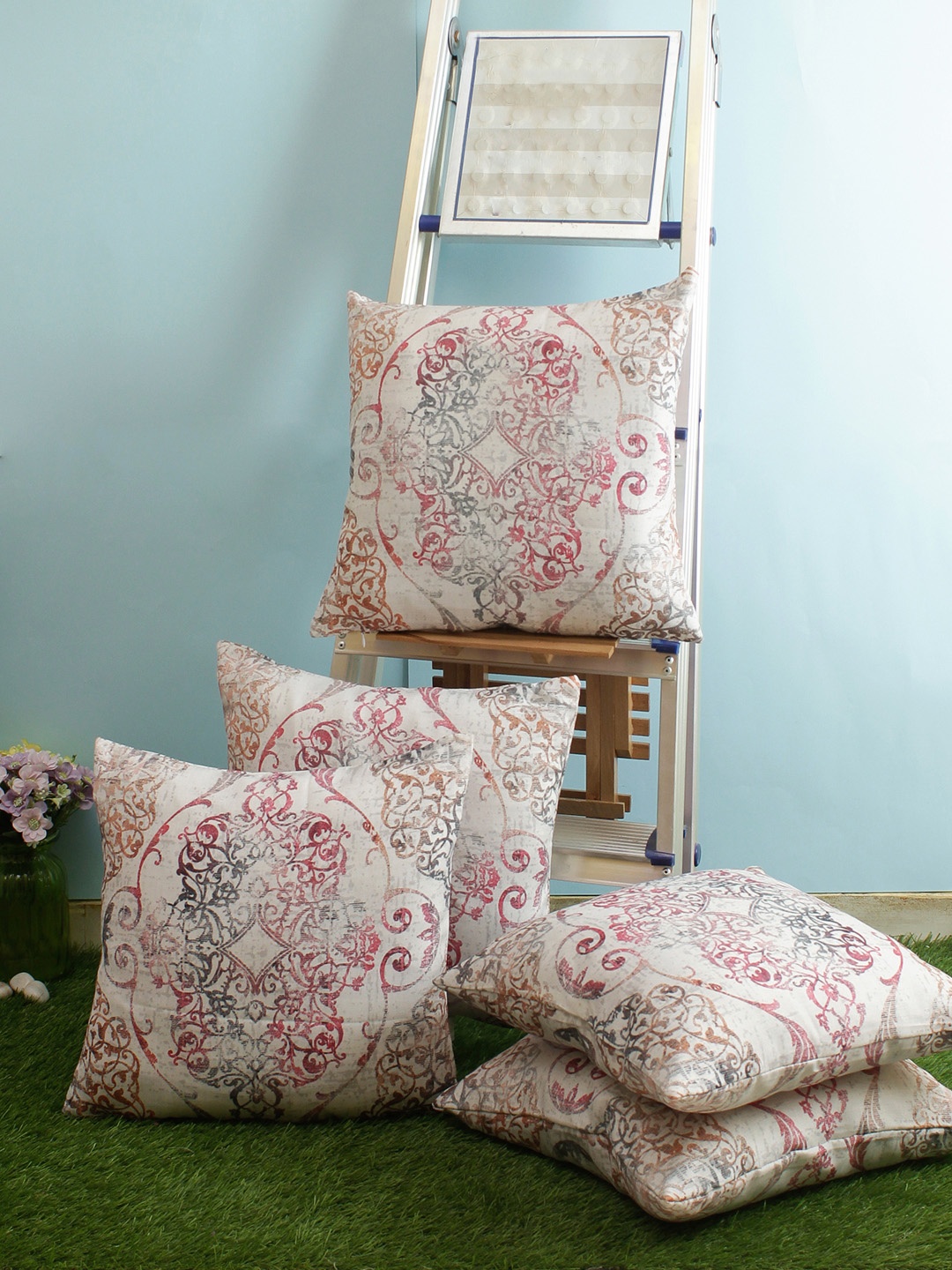 

ROMEE Off-White & Red Set of 5 Ethnic Motifs Square Cushion Covers