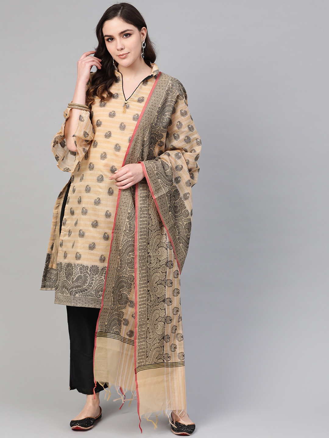 

Chhabra 555 Beige & Black Art Silk Unstitched Dress Material