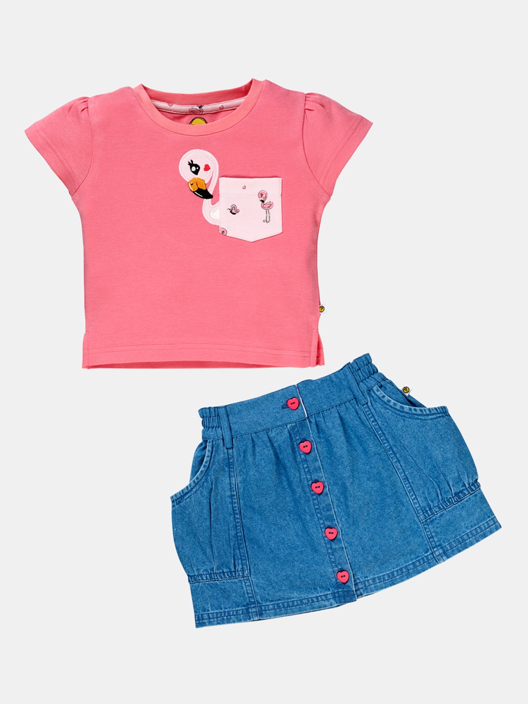 

Pranava Girls Pink & Blue Printed Organic Cotton T-shirt with Skirt