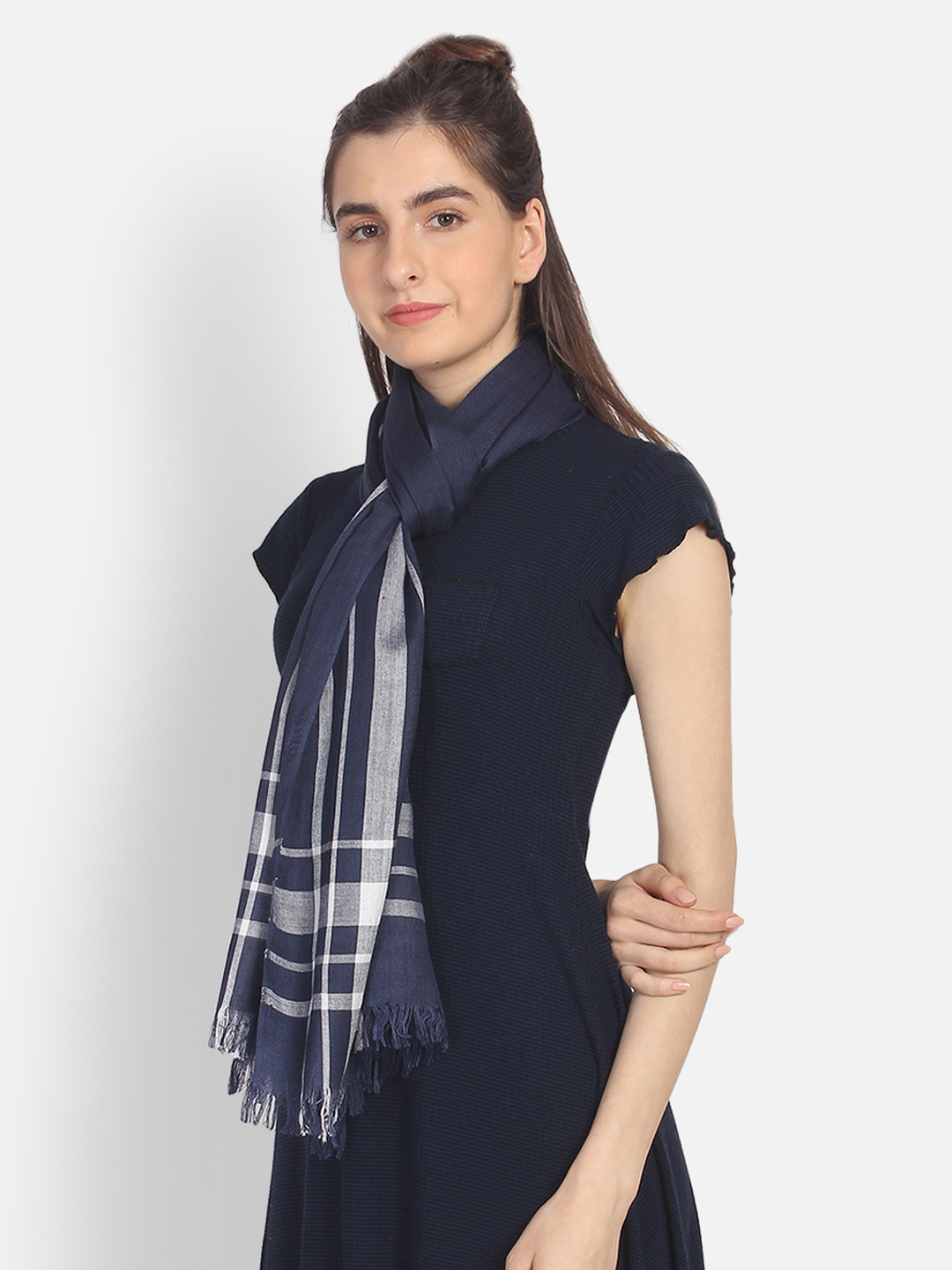 

Anekaant Women Navy Blue & White Woven Design Stole