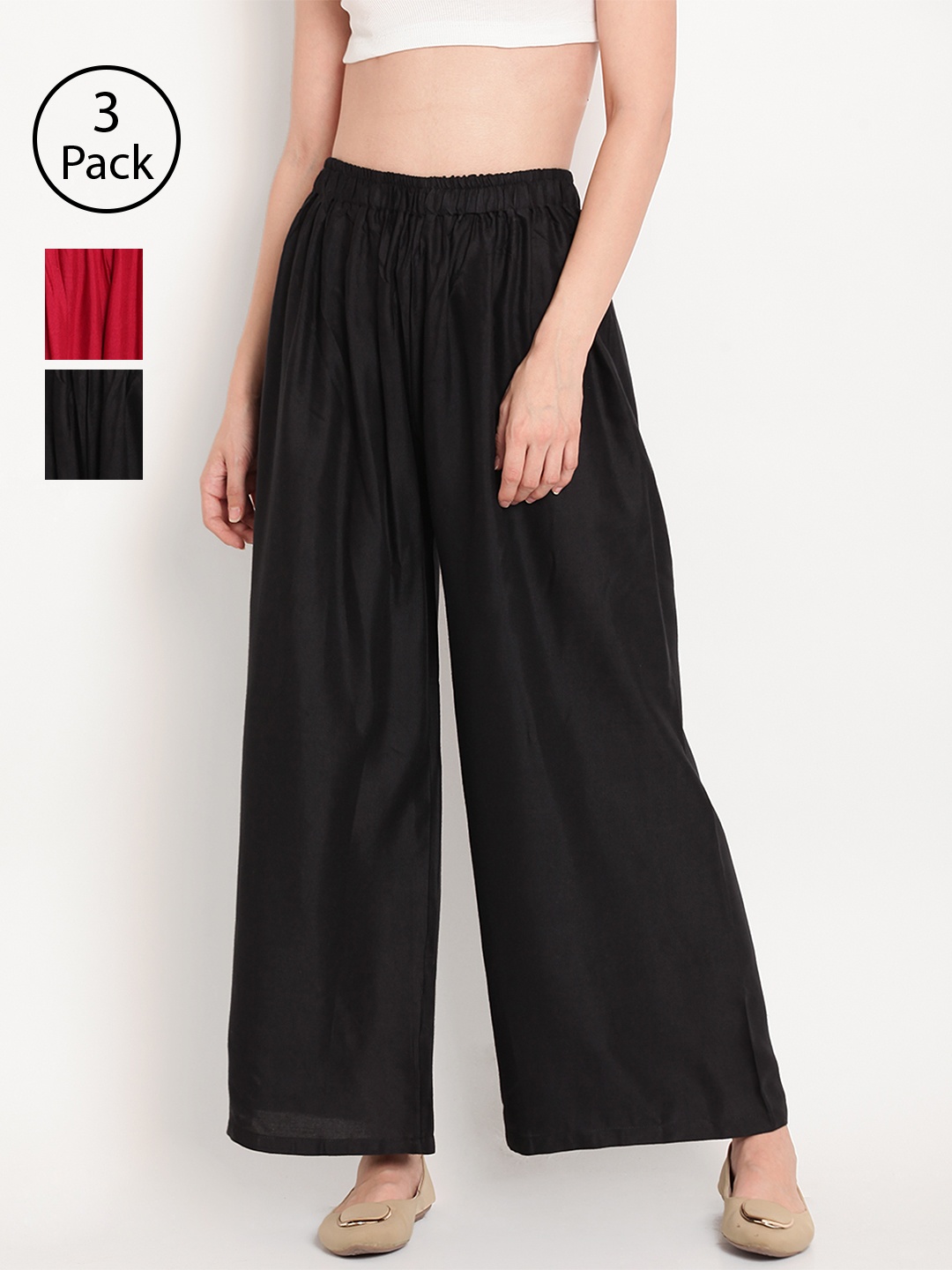 

TAG 7 Women Pack of 3 Solid Wide Leg Palazzos, Black