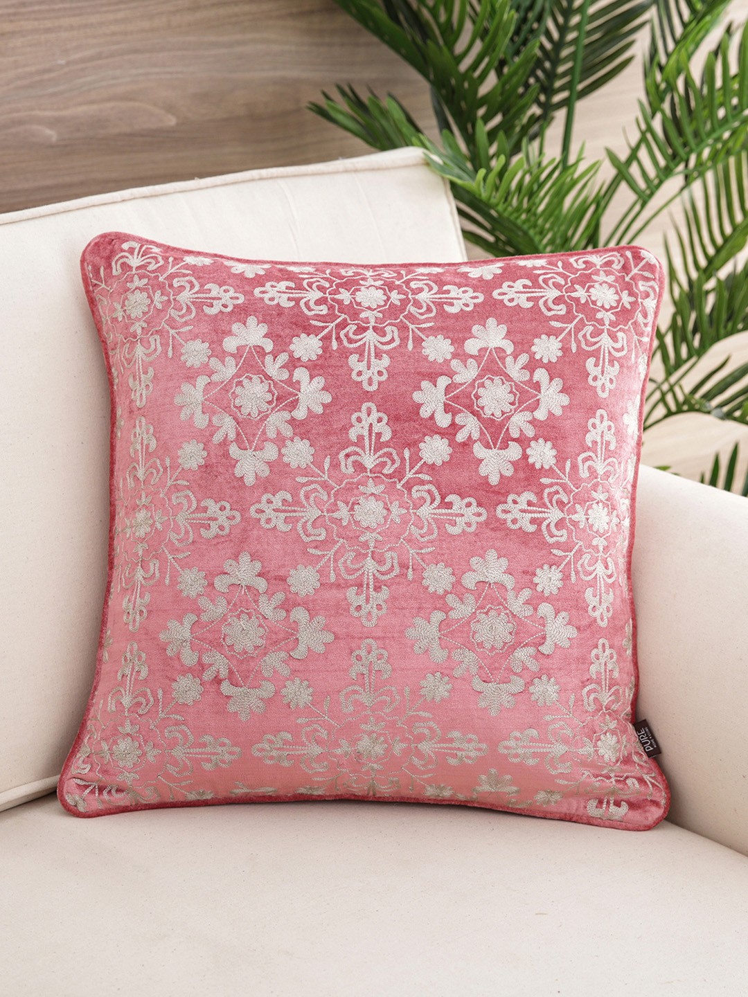 

Pure Home and Living Pink & Off-White Single Embroidered Square Cushion Cover