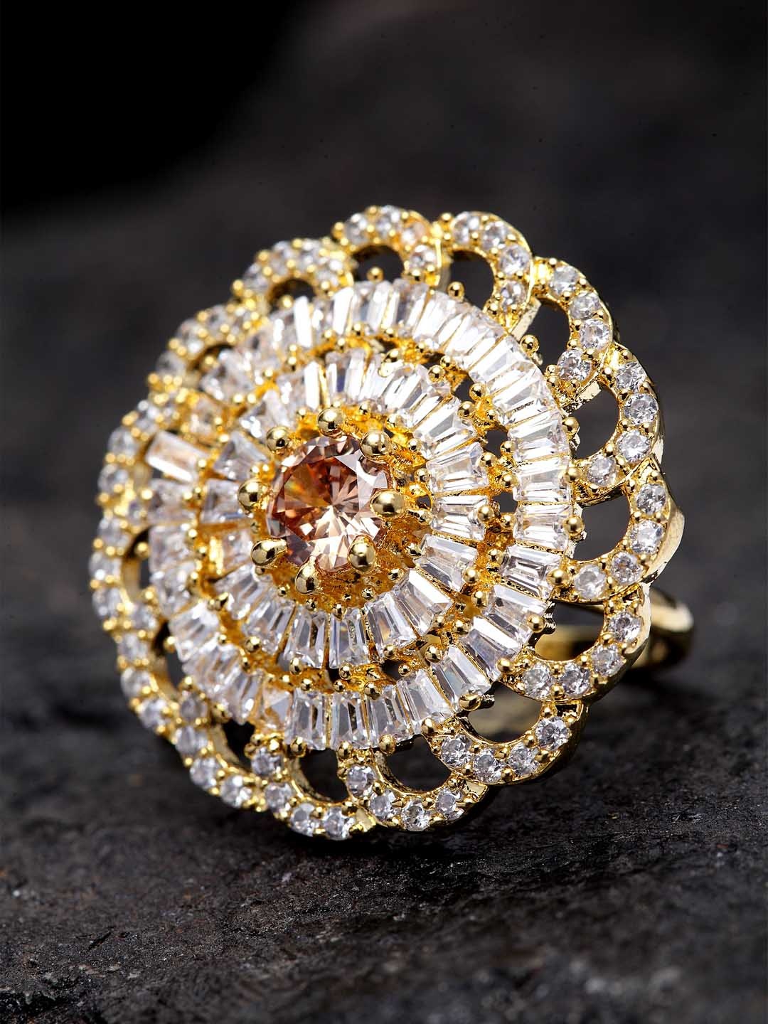 

Bhana Fashion Gold-Plated White AD-Studded Handcrafted Circular Finger Ring