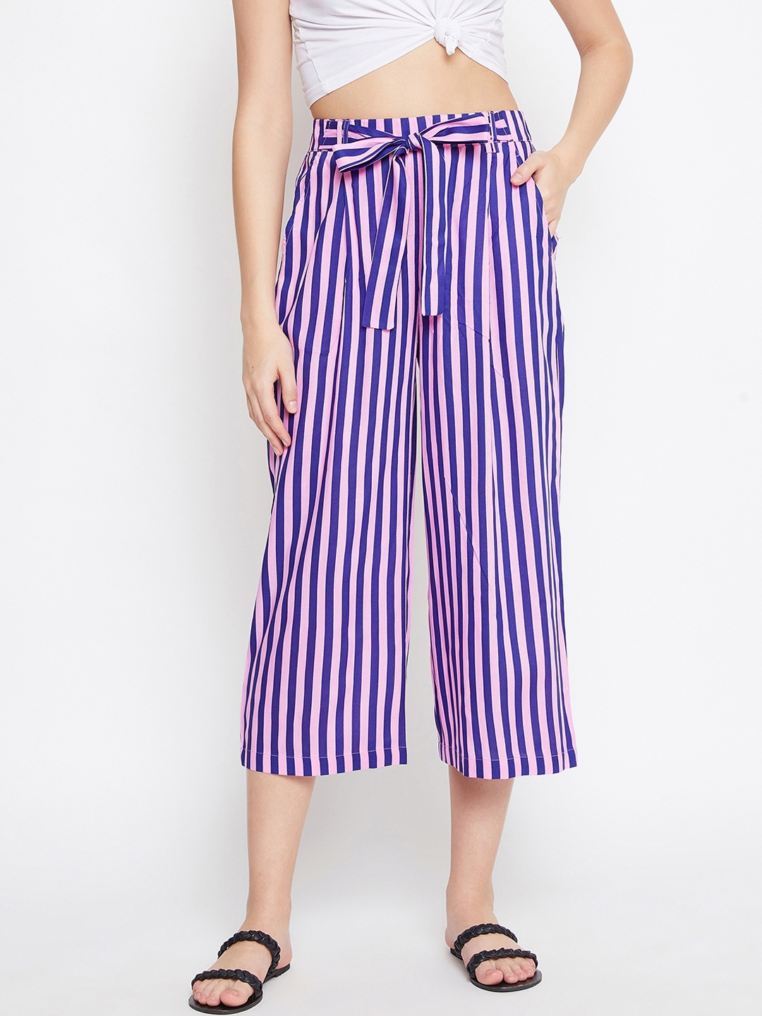 

PURYS Women Pink & Blue Flared Striped Culottes