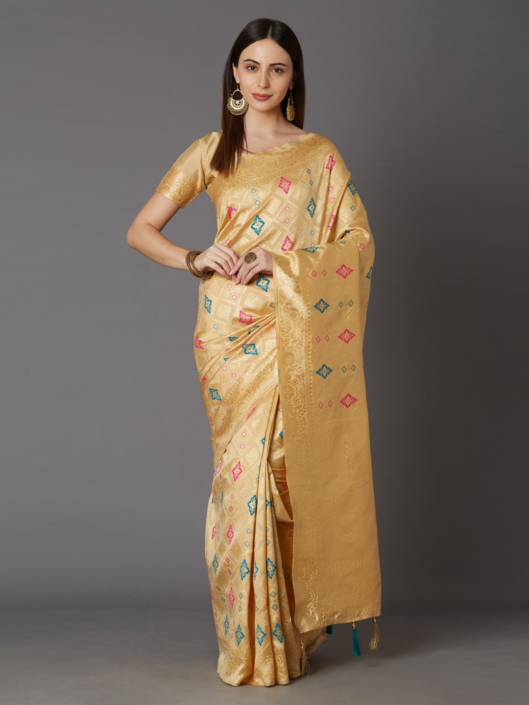 Mitera Beige & Blue Silk Blend Woven Design Kanjeevaram Saree
