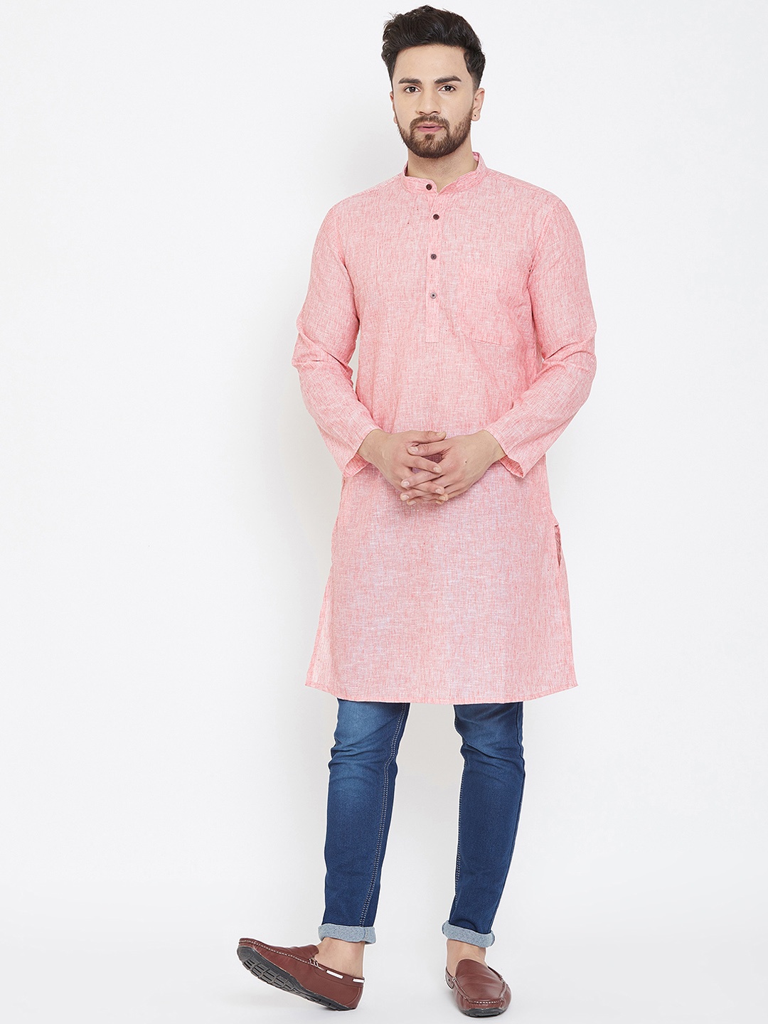 

even Men Pink Solid Linen Straight Kurta