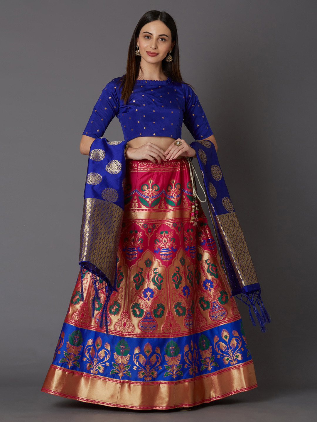 

Mitera Pink & Blue Embroidered Semi-Stitched Lehenga & Blouse with Dupatta